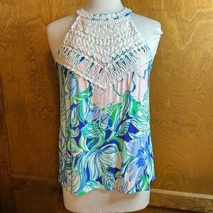 Lilly Pulitzer Dawn Party Thyme Halter Top with Crochet Detail Size S - EUC